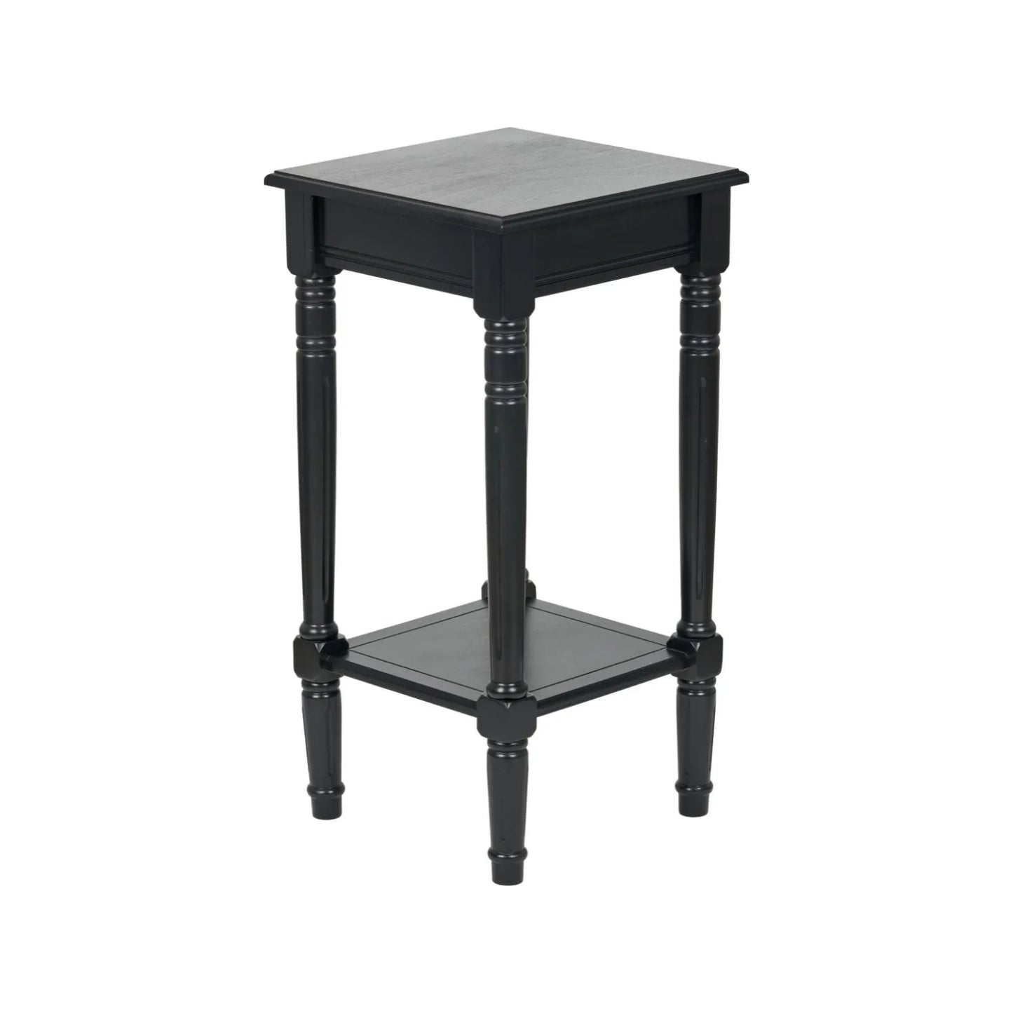 Narrow black wooden side table with shelf – slim pine bedside table with turned legs and lower storage 71x36x36cm | Click Style
