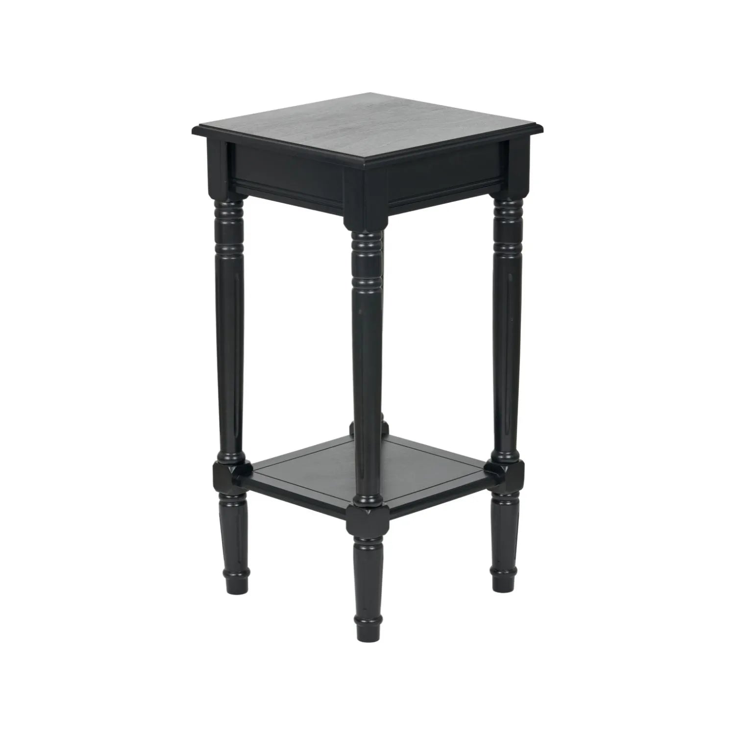 Narrow black wooden side table with shelf – slim pine bedside table with turned legs and lower storage 71x36x36cm | Click Style