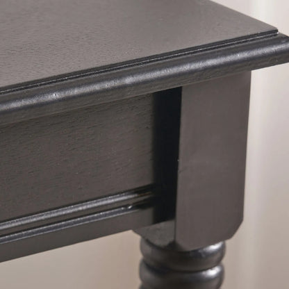 Narrow black wooden side table with shelf – slim pine bedside table with turned legs and lower storage 71x36x36cm | Click Style