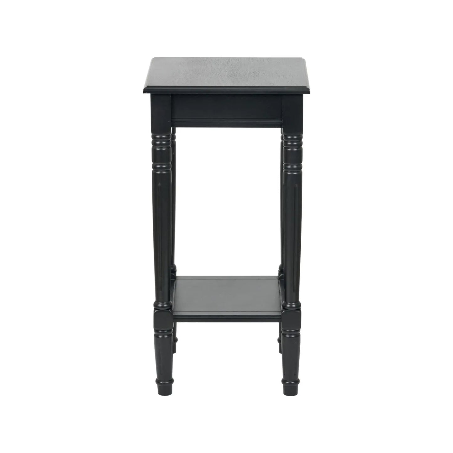 Narrow black wooden side table with shelf – slim pine bedside table with turned legs and lower storage 71x36x36cm | Click Style
