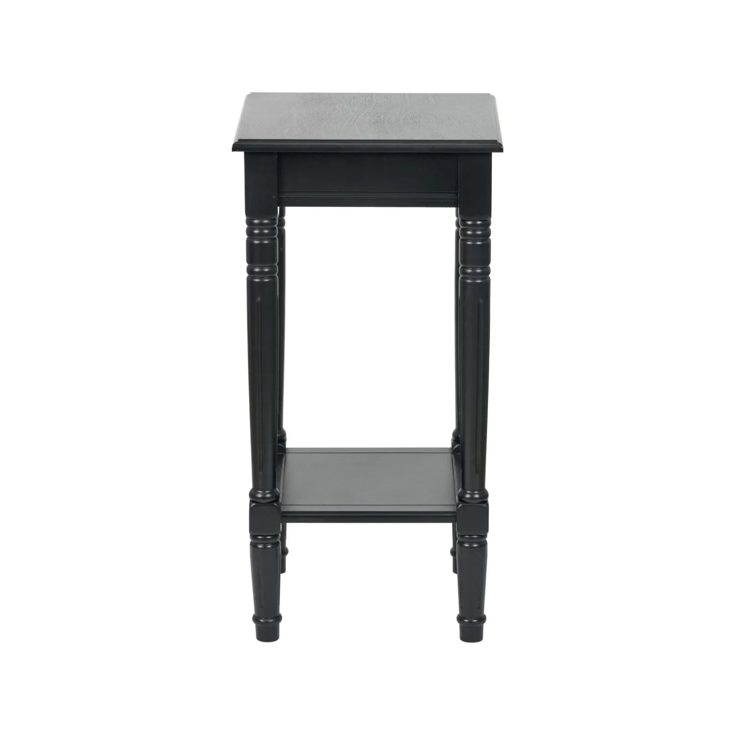 Narrow black wooden side table with shelf – slim pine bedside table with turned legs and lower storage 71x36x36cm | Click Style