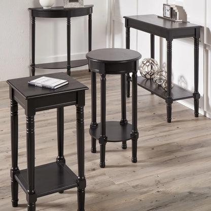 Narrow black wooden side table with shelf – slim pine bedside table with turned legs and lower storage 71x36x36cm | Click Style