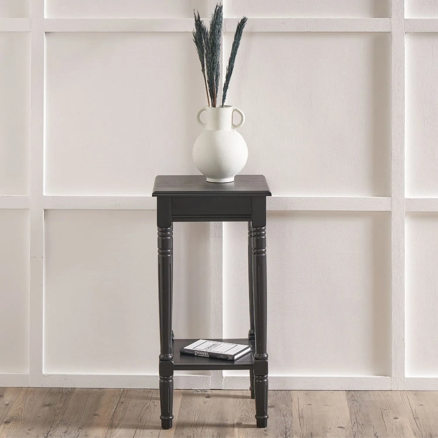 Narrow black wooden side table with shelf – slim pine bedside table with turned legs and lower storage 71x36x36cm | Click Style