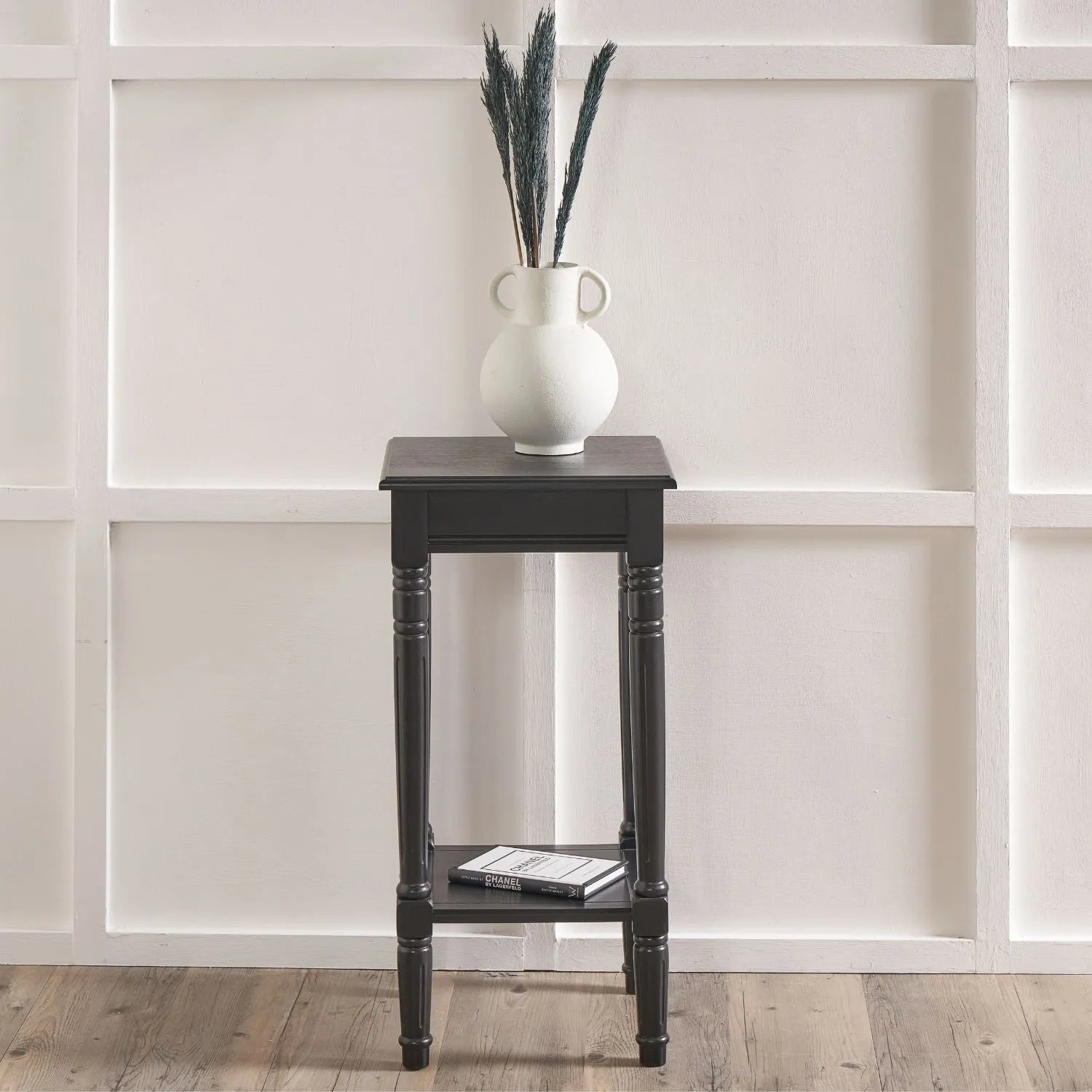 Narrow black wooden side table with shelf – slim pine bedside table with turned legs and lower storage 71x36x36cm | Click Style