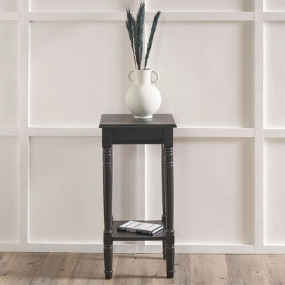 Narrow black wooden side table with shelf – slim pine bedside table with turned legs and lower storage 71x36x36cm | Click Style