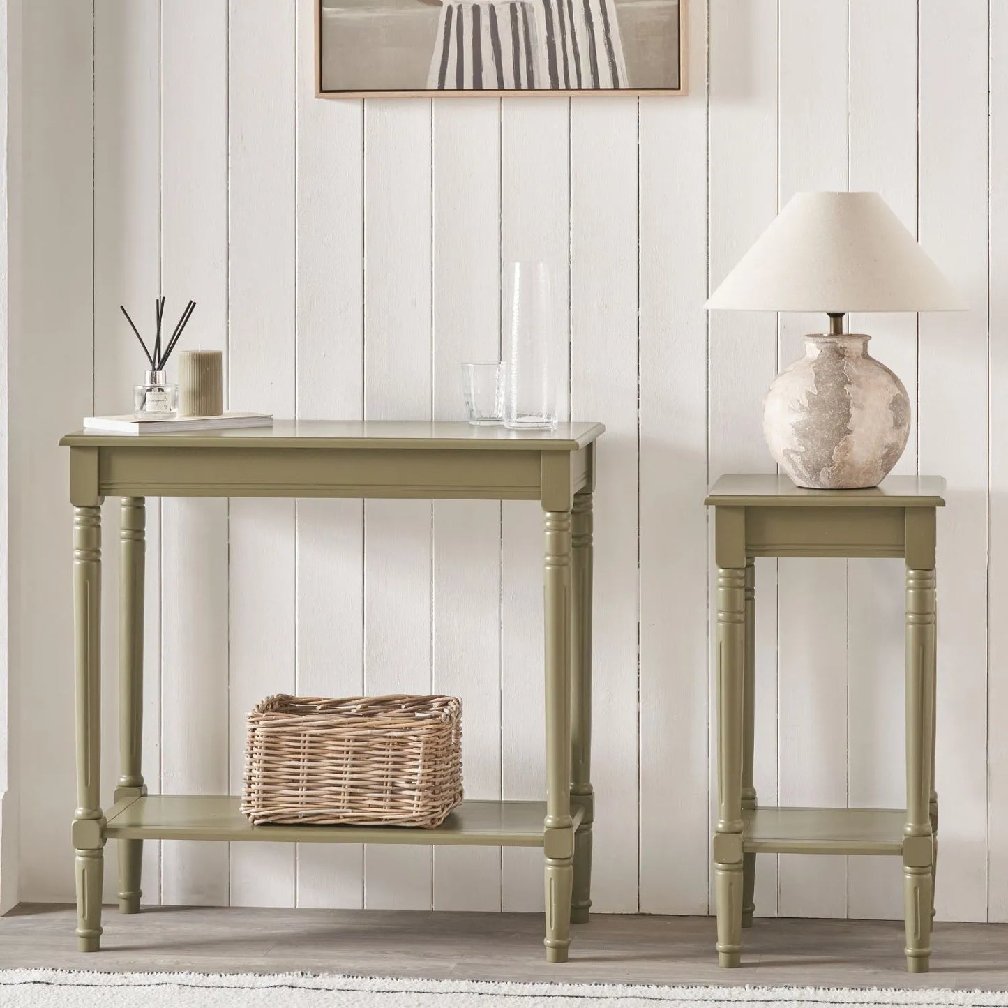 Narrow Khaki Olive Green Wooden Console Table with Shelf – Slim 80cm Pine Hallway Console Table with Turned Legs & Lower Storage 80x80x36cm | Click Style