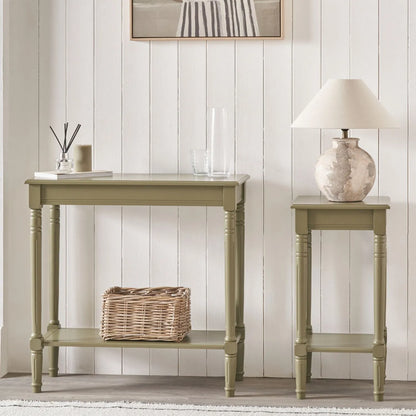 Narrow Khaki Olive Green Wooden Console Table with Shelf – Slim 80cm Pine Hallway Console Table with Turned Legs & Lower Storage 80x80x36cm | Click Style