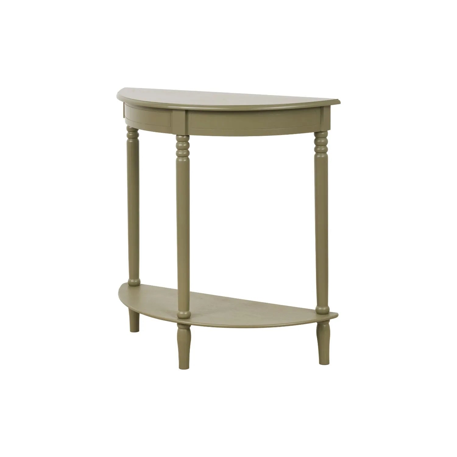 Narrow Khaki Olive Green Wooden Half Moon Console Table with Lower Shelf – Slim 30cm Pine Hallway Console Table with Turned Legs 80x80x30cm | Click Style