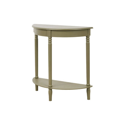 Narrow Khaki Olive Green Wooden Half Moon Console Table with Lower Shelf – Slim 30cm Pine Hallway Console Table with Turned Legs 80x80x30cm | Click Style