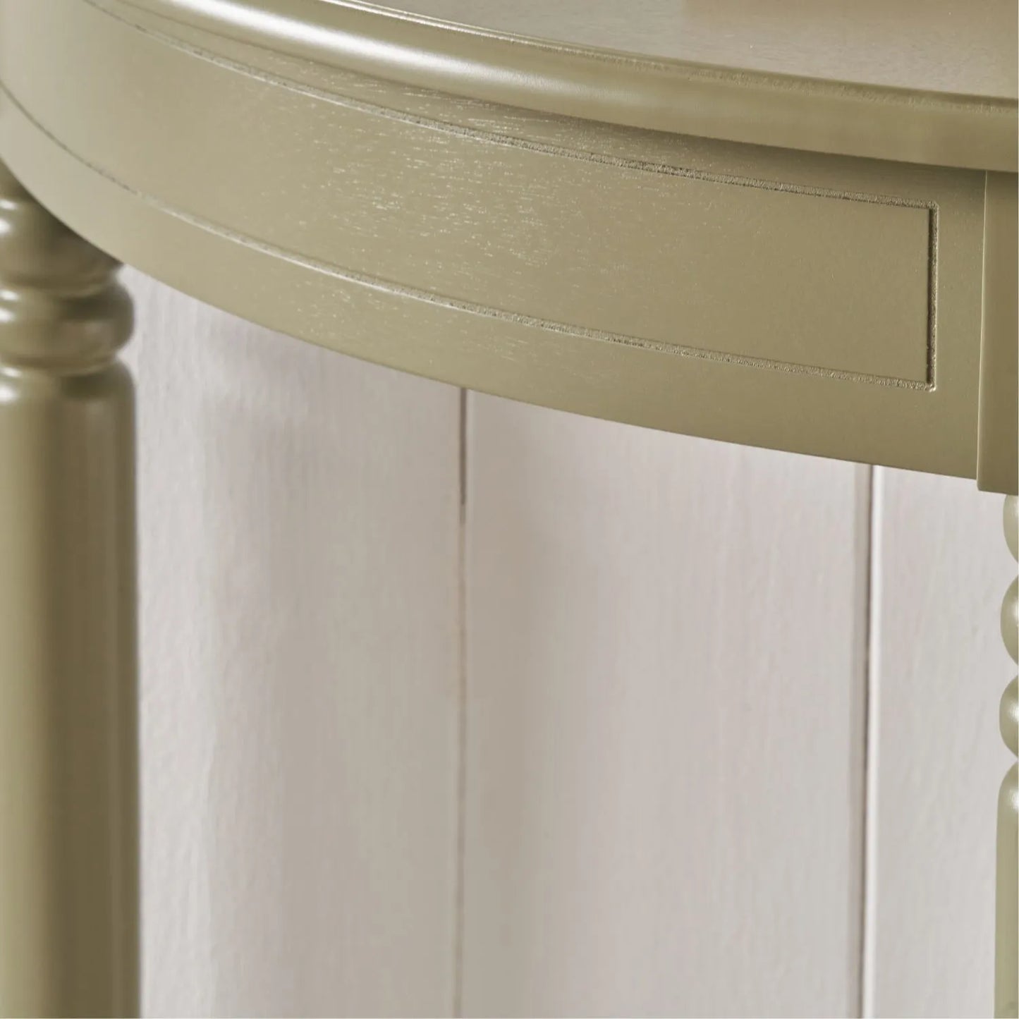 Narrow Khaki Olive Green Wooden Half Moon Console Table with Lower Shelf – Slim 30cm Pine Hallway Console Table with Turned Legs 80x80x30cm | Click Style