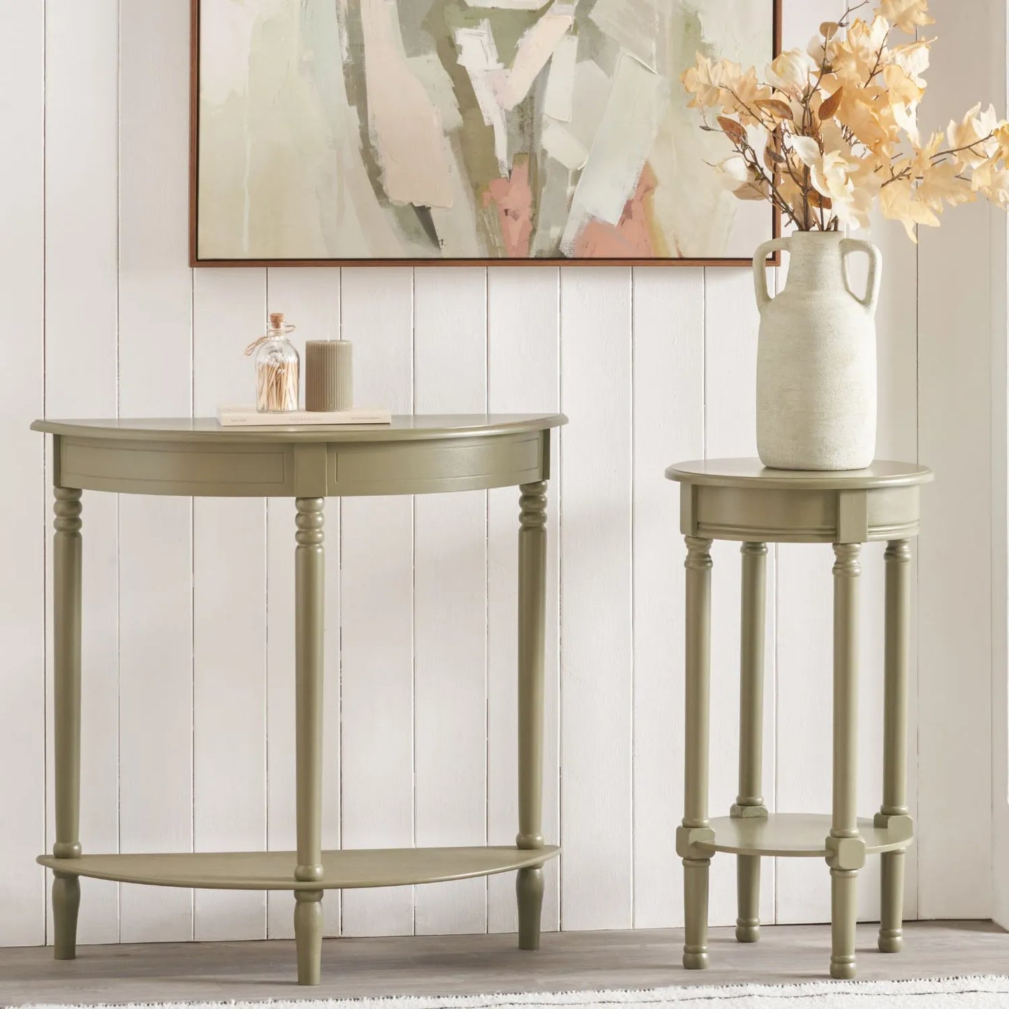 Narrow Khaki Olive Green Wooden Half Moon Console Table with Lower Shelf – Slim 30cm Pine Hallway Console Table with Turned Legs 80x80x30cm | Click Style