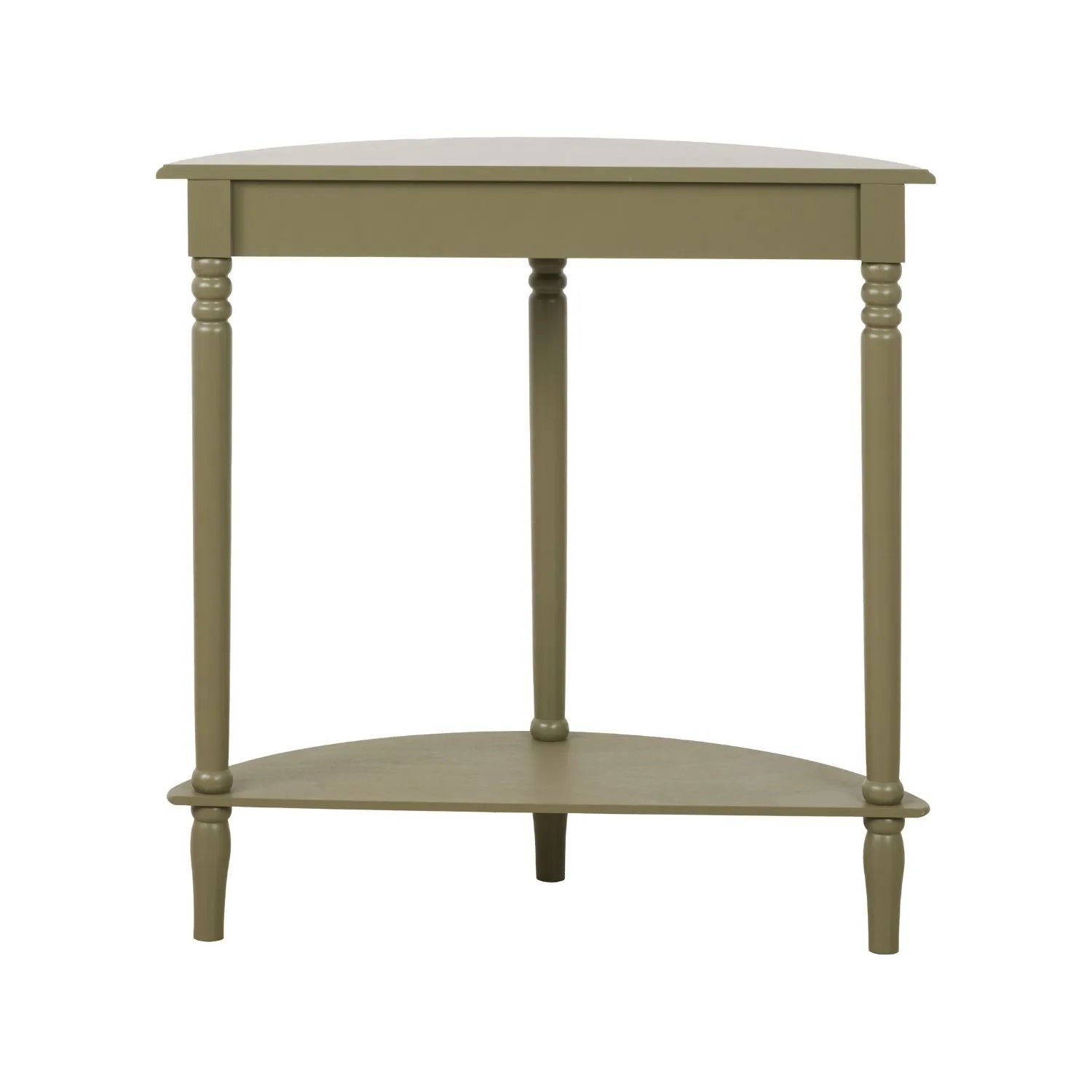 Narrow Khaki Olive Green Wooden Half Moon Console Table with Lower Shelf – Slim 30cm Pine Hallway Console Table with Turned Legs Back 80x80x30cm | Click Style