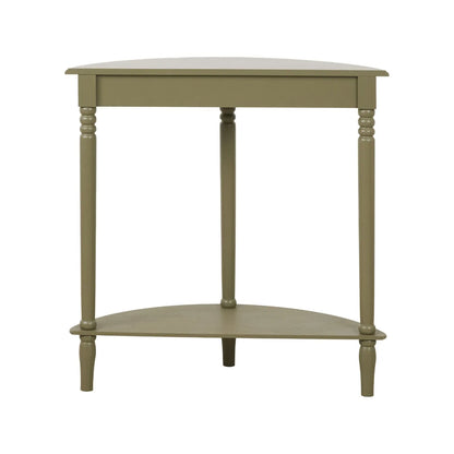 Narrow Khaki Olive Green Wooden Half Moon Console Table with Lower Shelf – Slim 30cm Pine Hallway Console Table with Turned Legs Back 80x80x30cm | Click Style