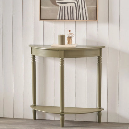 Narrow Khaki Olive Green Wooden Half Moon Console Table with Lower Shelf – Slim 30cm Pine Hallway Console Table with Turned Legs 80x80x30cm | Click Style