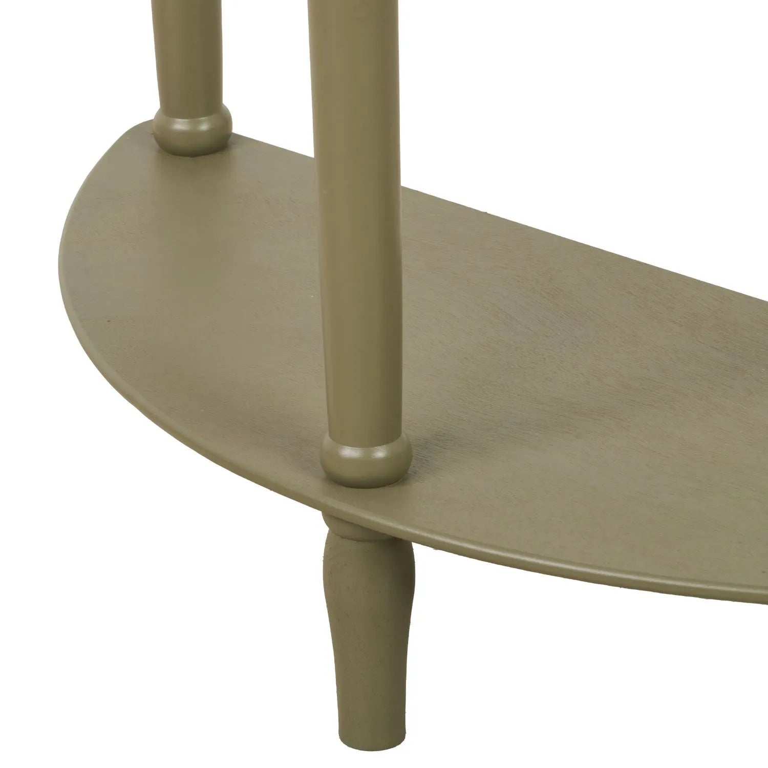 Narrow Khaki Olive Green Wooden Half Moon Console Table with Lower Shelf – Slim 30cm Pine Hallway Console Table with Turned Legs 80x80x30cm | Click Style