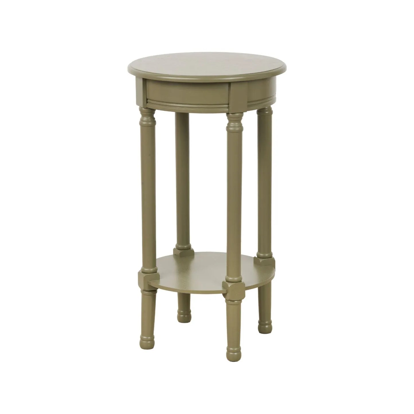 Narrow Khaki Olive Green Wooden Round Side Table with Lower Shelf – Slim Pine Bedside, Accent or Occasional Table with Turned Legs 72x40x40cm | Click Style