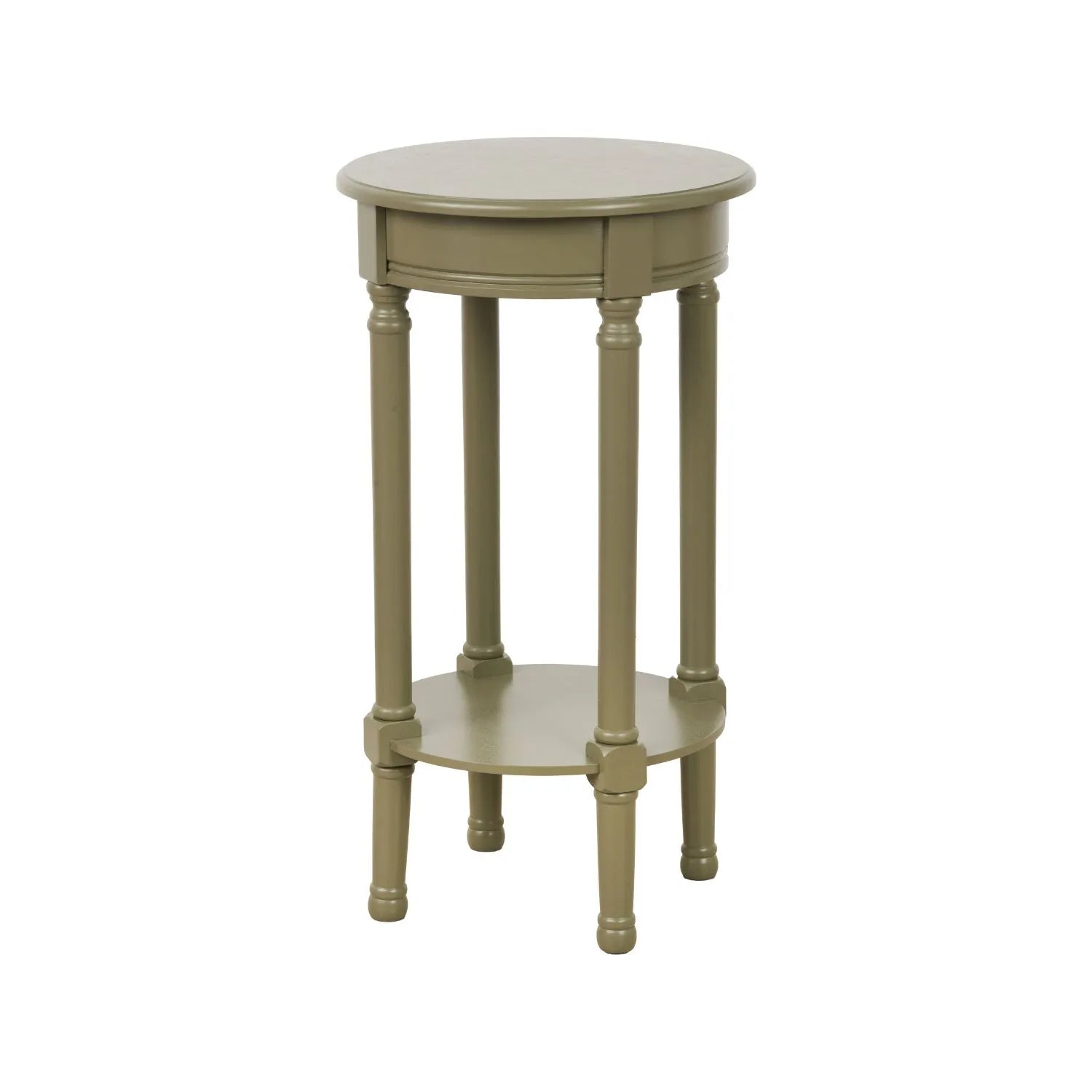 Narrow Khaki Olive Green Wooden Round Side Table with Lower Shelf – Slim Pine Bedside, Accent or Occasional Table with Turned Legs 72x40x40cm | Click Style
