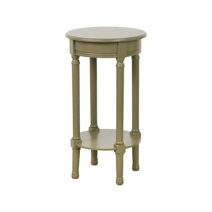 Narrow Khaki Olive Green Wooden Round Side Table with Lower Shelf – Slim Pine Bedside, Accent or Occasional Table with Turned Legs 72x40x40cm | Click Style