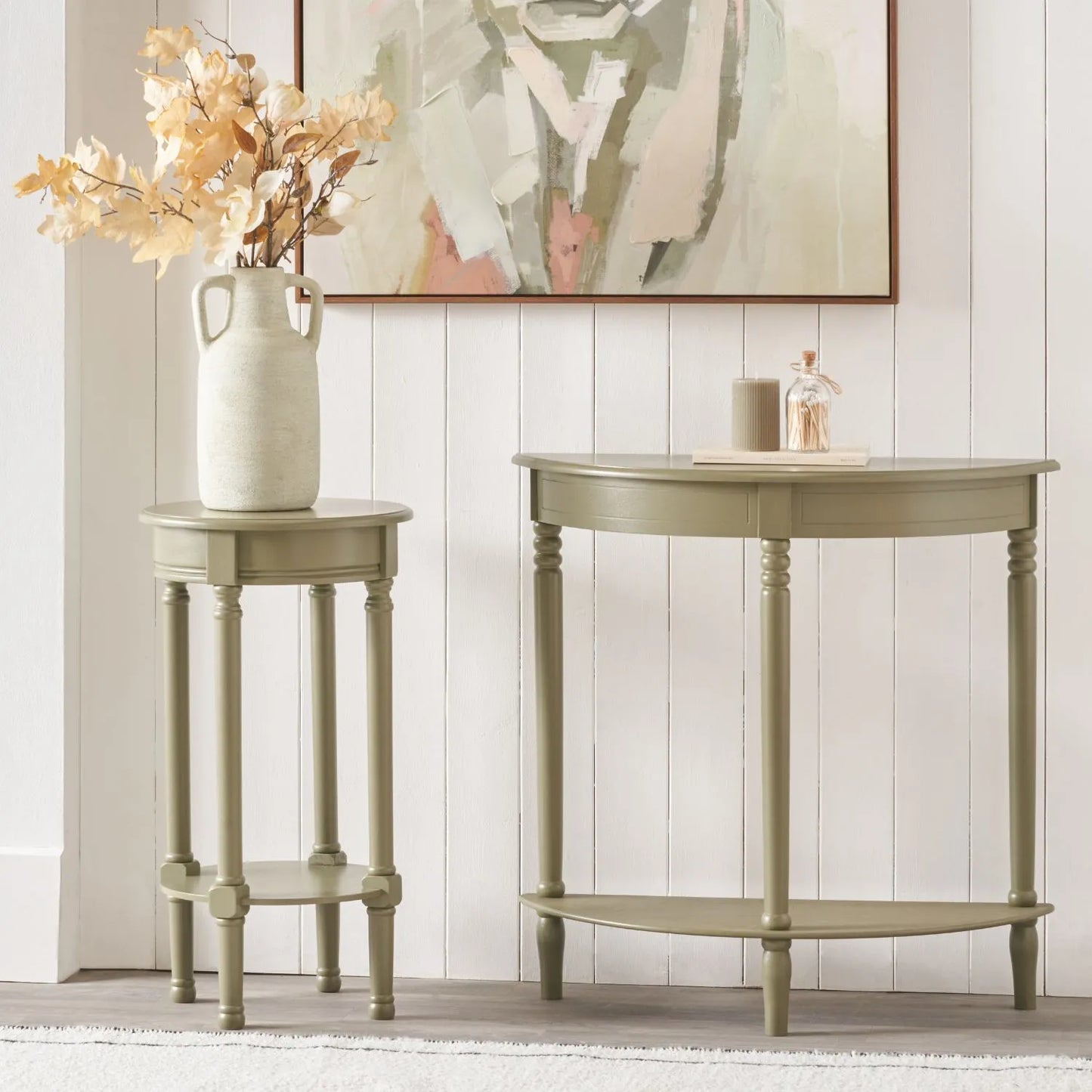 Narrow Khaki Olive Green Wooden Round Side Table with Lower Shelf – Slim Pine Bedside, Accent or Occasional Table with Turned Legs 72x40x40cm | Click Style