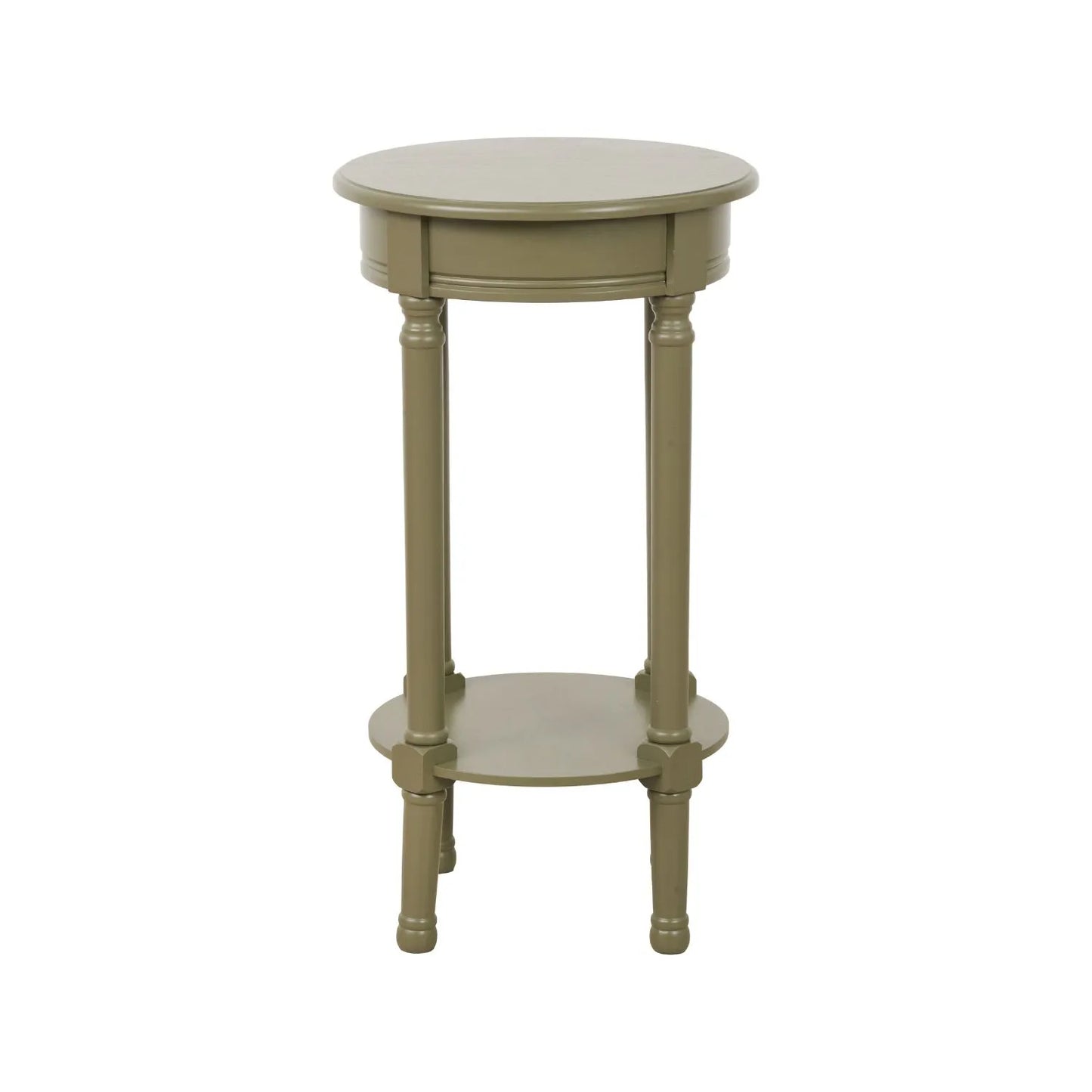 Narrow Khaki Olive Green Wooden Round Side Table with Lower Shelf – Slim Pine Bedside, Accent or Occasional Table with Turned Legs 72x40x40cm | Click Style