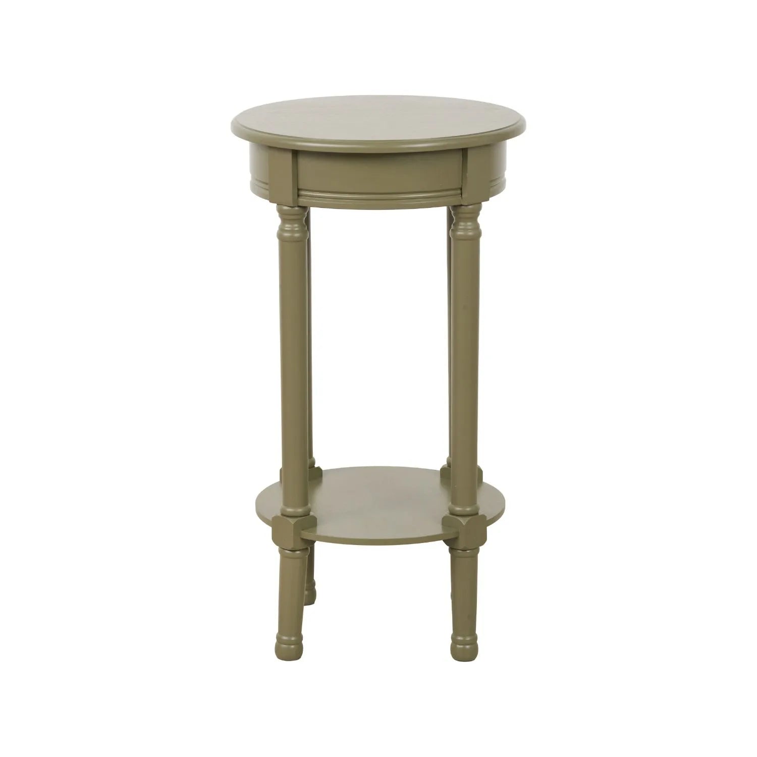 Narrow Khaki Olive Green Wooden Round Side Table with Lower Shelf – Slim Pine Bedside, Accent or Occasional Table with Turned Legs 72x40x40cm | Click Style