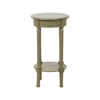 Narrow Khaki Olive Green Wooden Round Side Table with Lower Shelf – Slim Pine Bedside, Accent or Occasional Table with Turned Legs 72x40x40cm | Click Style
