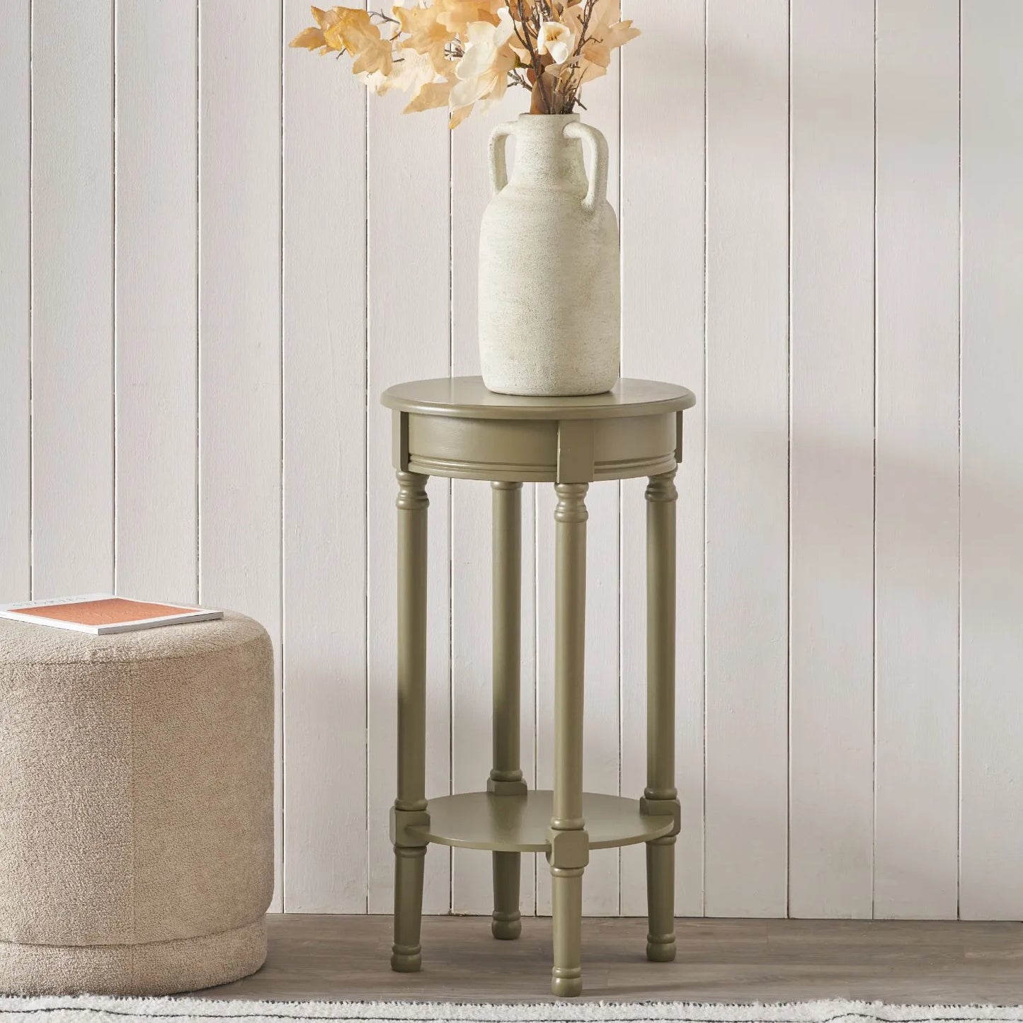 Narrow Khaki Olive Green Wooden Round Side Table with Lower Shelf – Slim Pine Bedside, Accent or Occasional Table with Turned Legs 72x40x40cm | Click Style