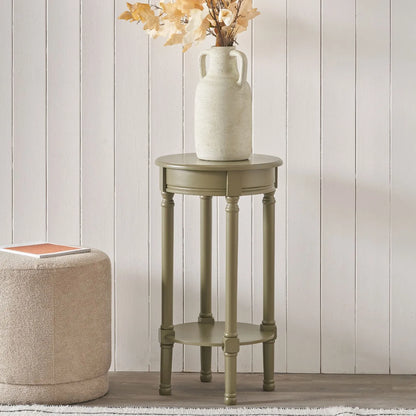 Narrow Khaki Olive Green Wooden Round Side Table with Lower Shelf – Slim Pine Bedside, Accent or Occasional Table with Turned Legs 72x40x40cm | Click Style