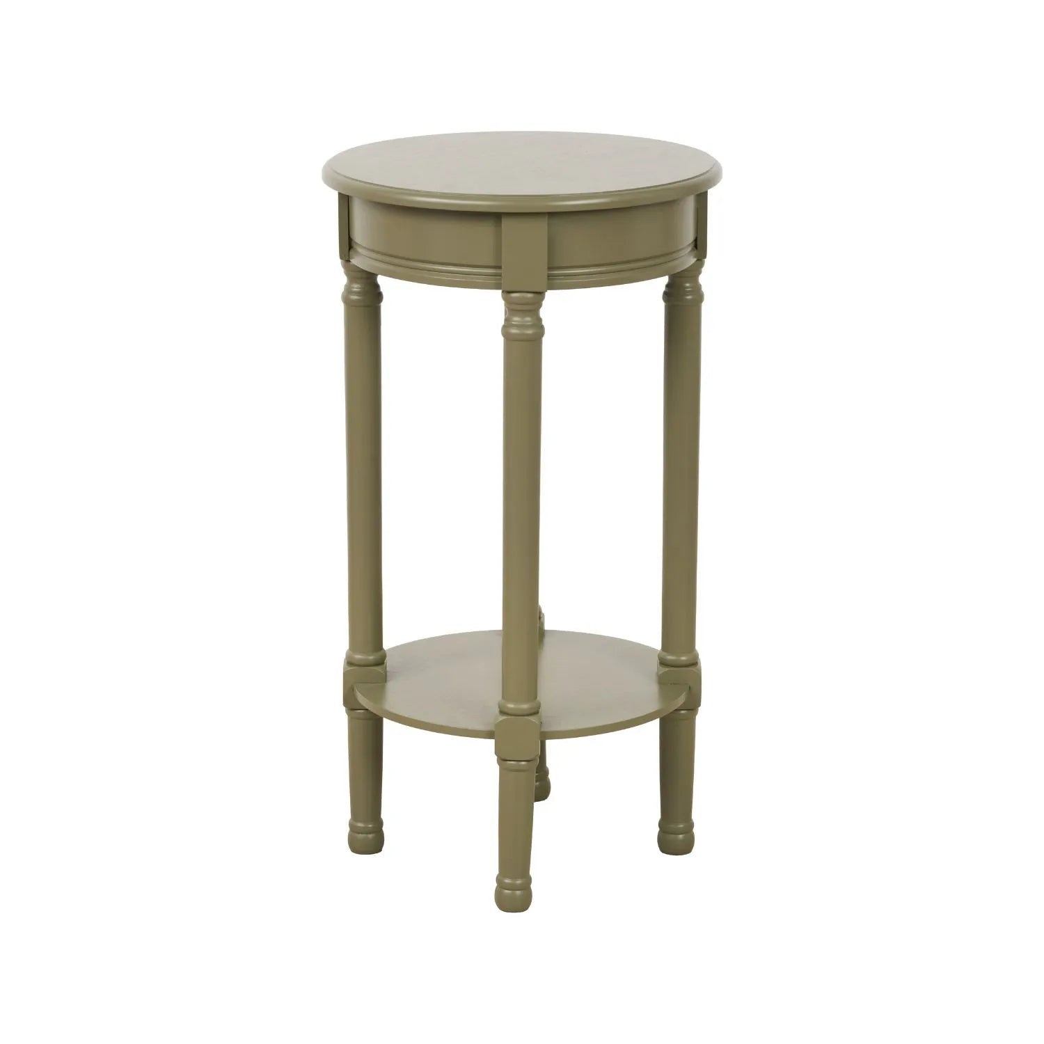 Narrow Khaki Olive Green Wooden Round Side Table with Lower Shelf – Slim Pine Bedside, Accent or Occasional Table with Turned Legs 72x40x40cm | Click Style