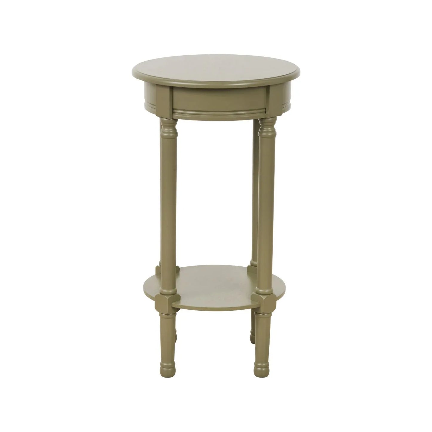Narrow Khaki Olive Green Wooden Round Side Table with Lower Shelf – Slim Pine Bedside, Accent or Occasional Table with Turned Legs 72x40x40cm | Click Style