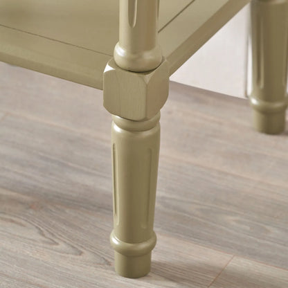 Narrow khaki olive green wooden side table with shelf, slim 36cm pine bedside table with turned legs & lower storage, 72x36x36cm | Click Style
