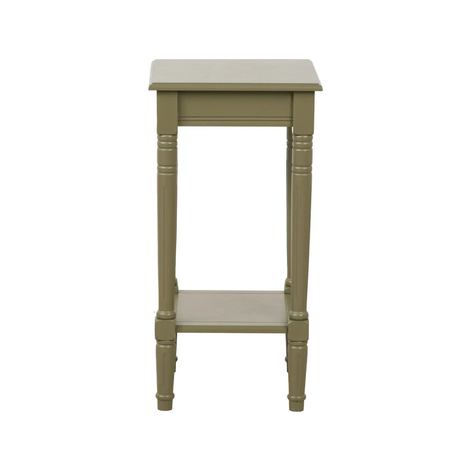 Narrow khaki olive green wooden side table with shelf, slim 36cm pine bedside table with turned legs & lower storage, 72x36x36cm | Click Style