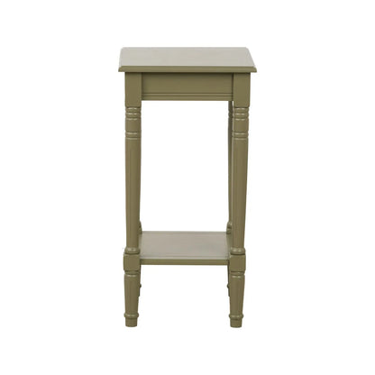 Narrow khaki olive green wooden side table with shelf, slim 36cm pine bedside table with turned legs & lower storage, 72x36x36cm | Click Style