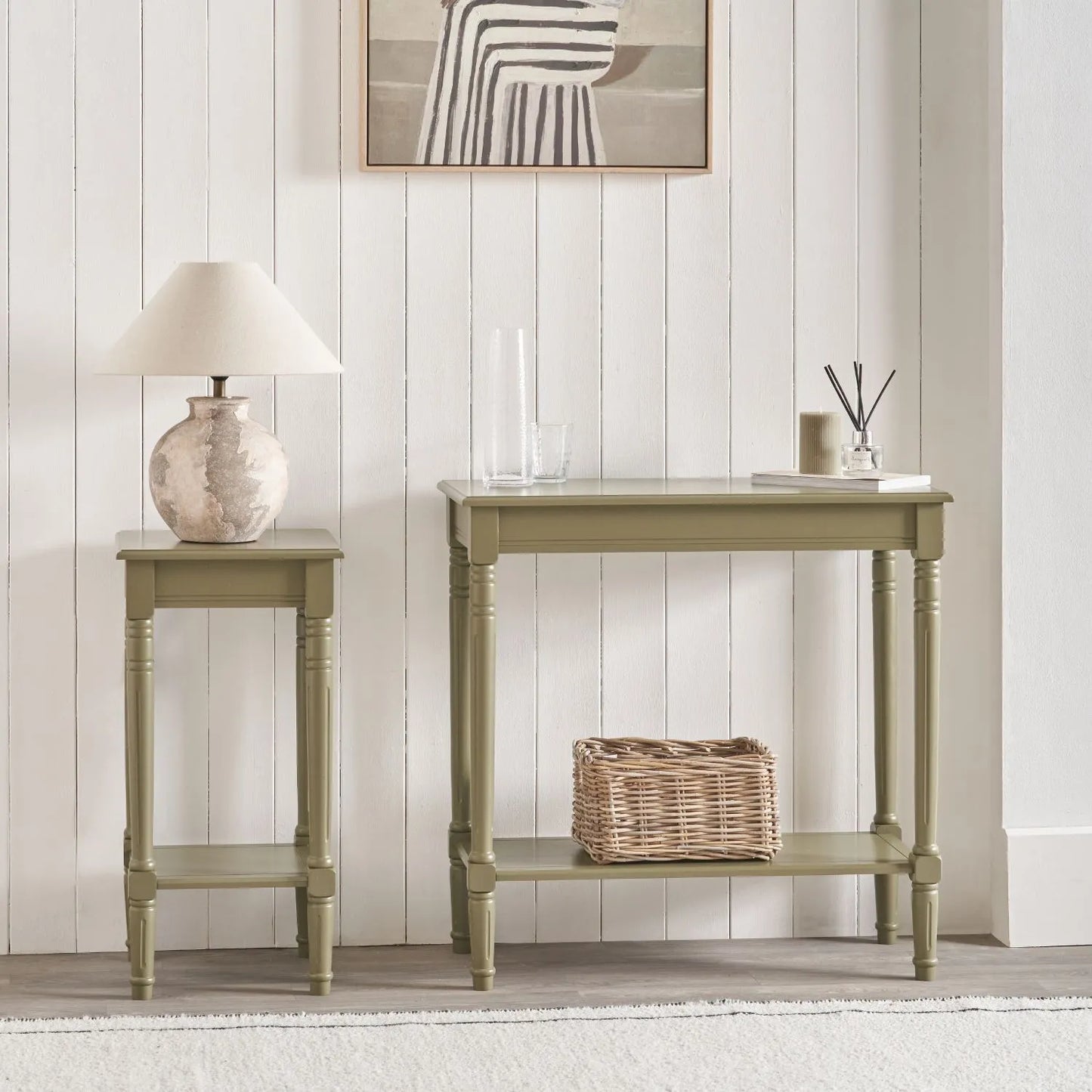 Narrow khaki olive green wooden side table with shelf, slim 36cm pine bedside table with turned legs & lower storage, 72x36x36cm | Click Style