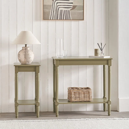 Narrow khaki olive green wooden side table with shelf, slim 36cm pine bedside table with turned legs & lower storage, 72x36x36cm | Click Style