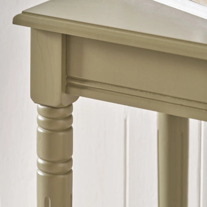 Narrow khaki olive green wooden side table with shelf, slim 36cm pine bedside table with turned legs & lower storage, 72x36x36cm | Click Style