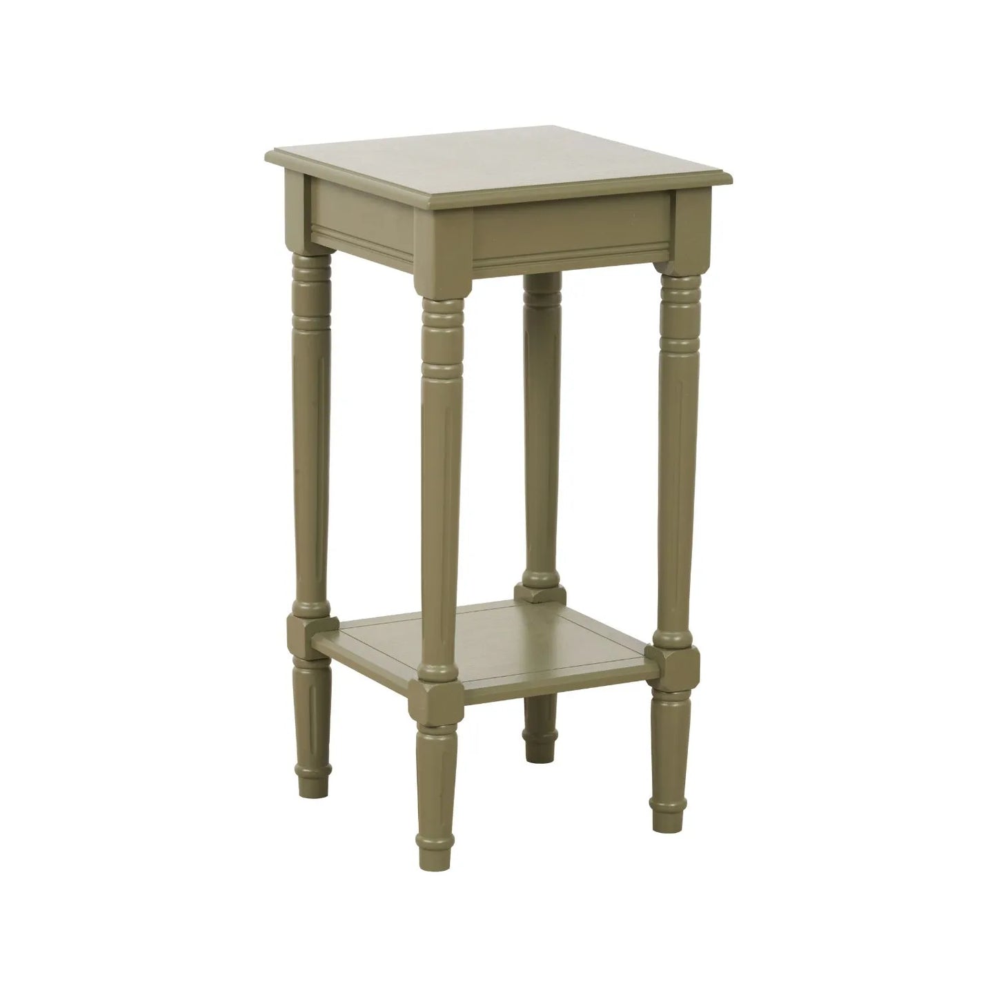 Narrow khaki olive green wooden side table with shelf, slim 36cm pine bedside table with turned legs & lower storage, 72x36x36cm | Click Style