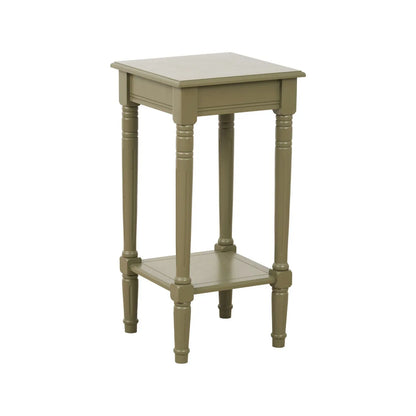 Narrow khaki olive green wooden side table with shelf, slim 36cm pine bedside table with turned legs & lower storage, 72x36x36cm | Click Style