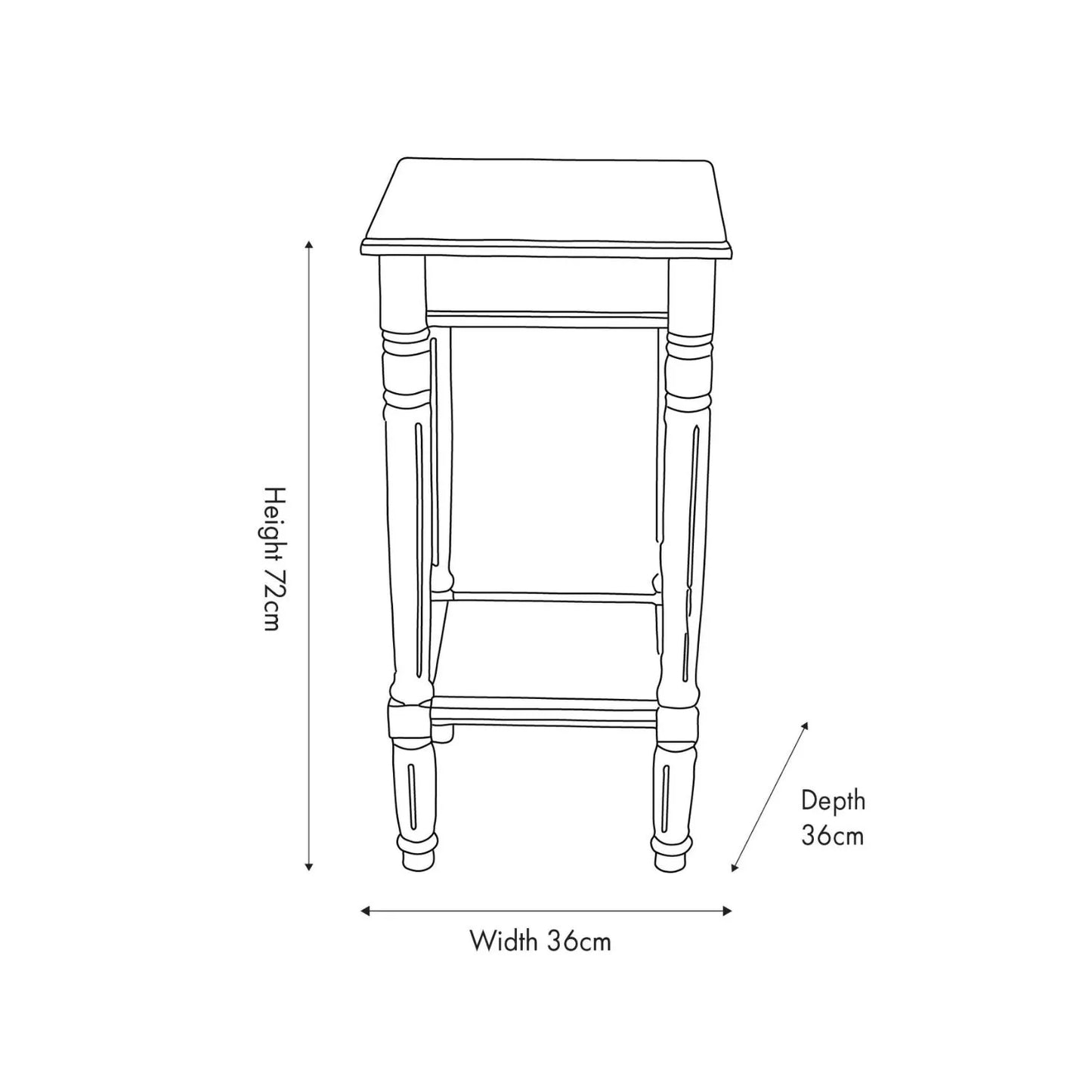 Narrow khaki olive green wooden side table with shelf, slim 36cm pine bedside table with turned legs & lower storage, dimensions 72x36x36cm | Click Style