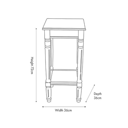 Narrow khaki olive green wooden side table with shelf, slim 36cm pine bedside table with turned legs & lower storage, dimensions 72x36x36cm | Click Style