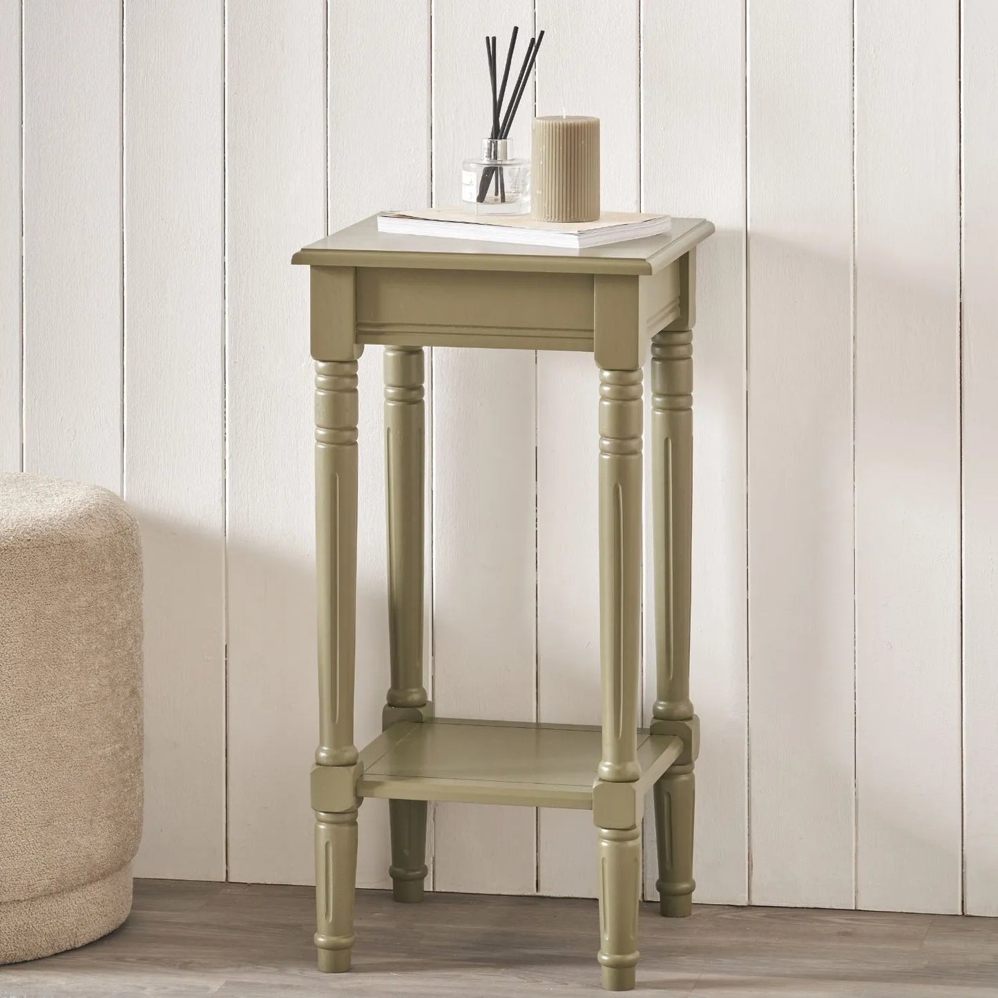 Narrow khaki olive green wooden side table with shelf, slim 36cm pine bedside table with turned legs & lower storage, 72x36x36cm | Click Style