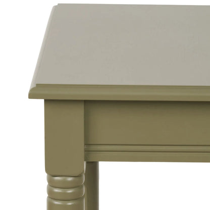 Narrow khaki olive green wooden side table with shelf, slim 36cm pine bedside table with turned legs & lower storage, 72x36x36cm | Click Style