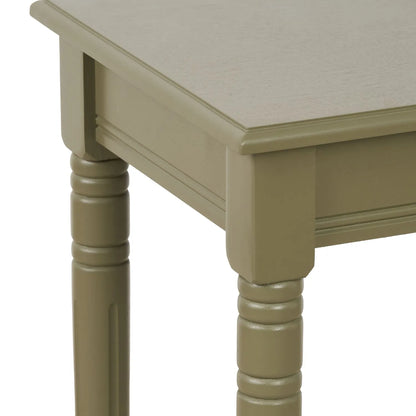 Narrow khaki olive green wooden side table with shelf, slim 36cm pine bedside table with turned legs & lower storage, 72x36x36cm | Click Style