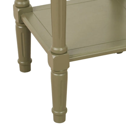 Narrow khaki olive green wooden side table with shelf, slim 36cm pine bedside table with turned legs & lower storage, 72x36x36cm | Click Style