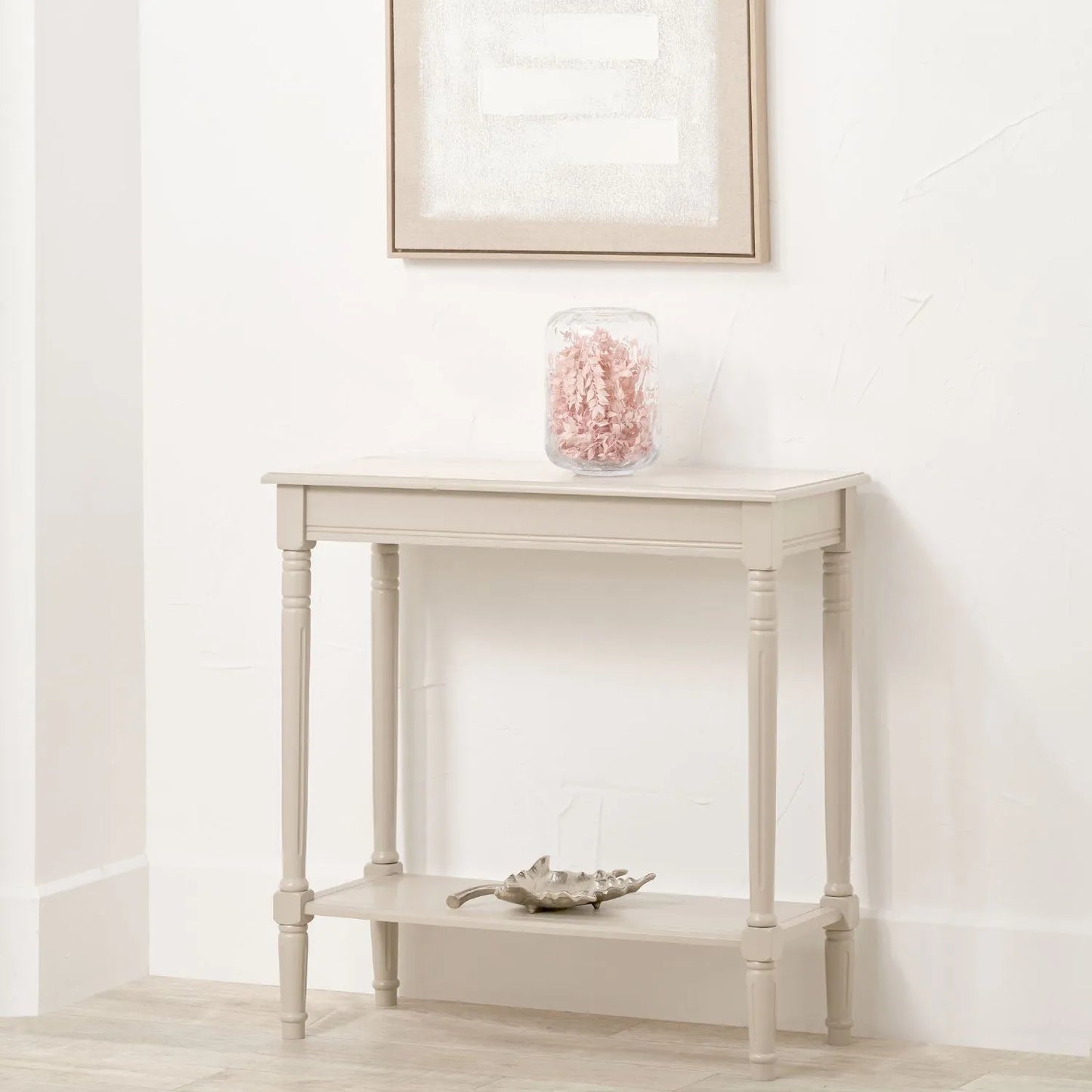 Narrow light beige wooden console table with shelf – slim 80cm pine hallway console table with turned legs & lower storage 80x80x36cm | Click Style