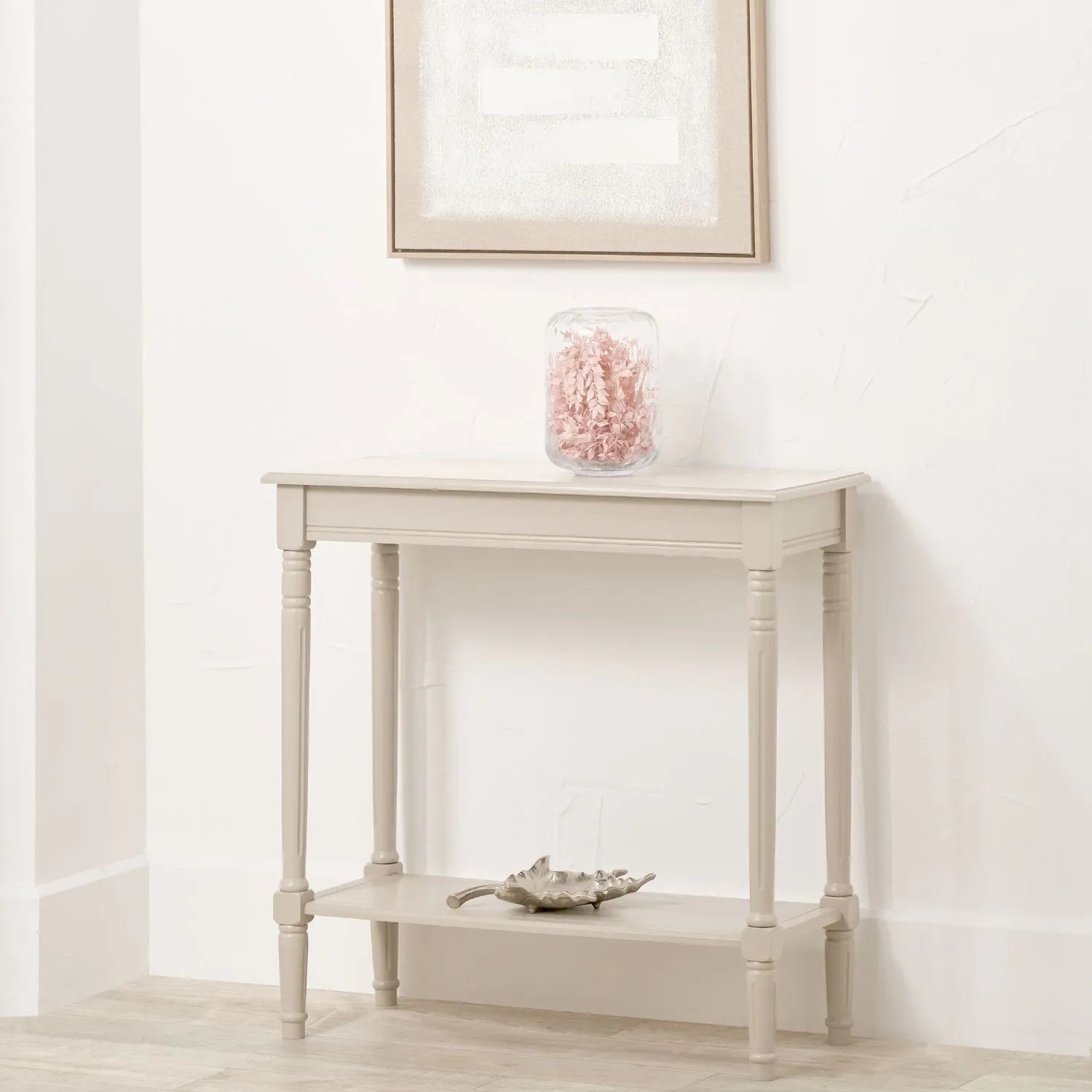 Narrow light beige wooden console table with shelf – slim 80cm pine hallway console table with turned legs & lower storage 80x80x36cm | Click Style