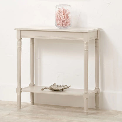 Narrow light beige wooden console table with shelf – slim 80cm pine hallway console table with turned legs & lower storage 80x80x36cm | Click Style
