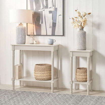 Narrow light beige wooden console table with shelf – slim 80cm pine hallway console table with turned legs & lower storage 80x80x36cm | Click Style