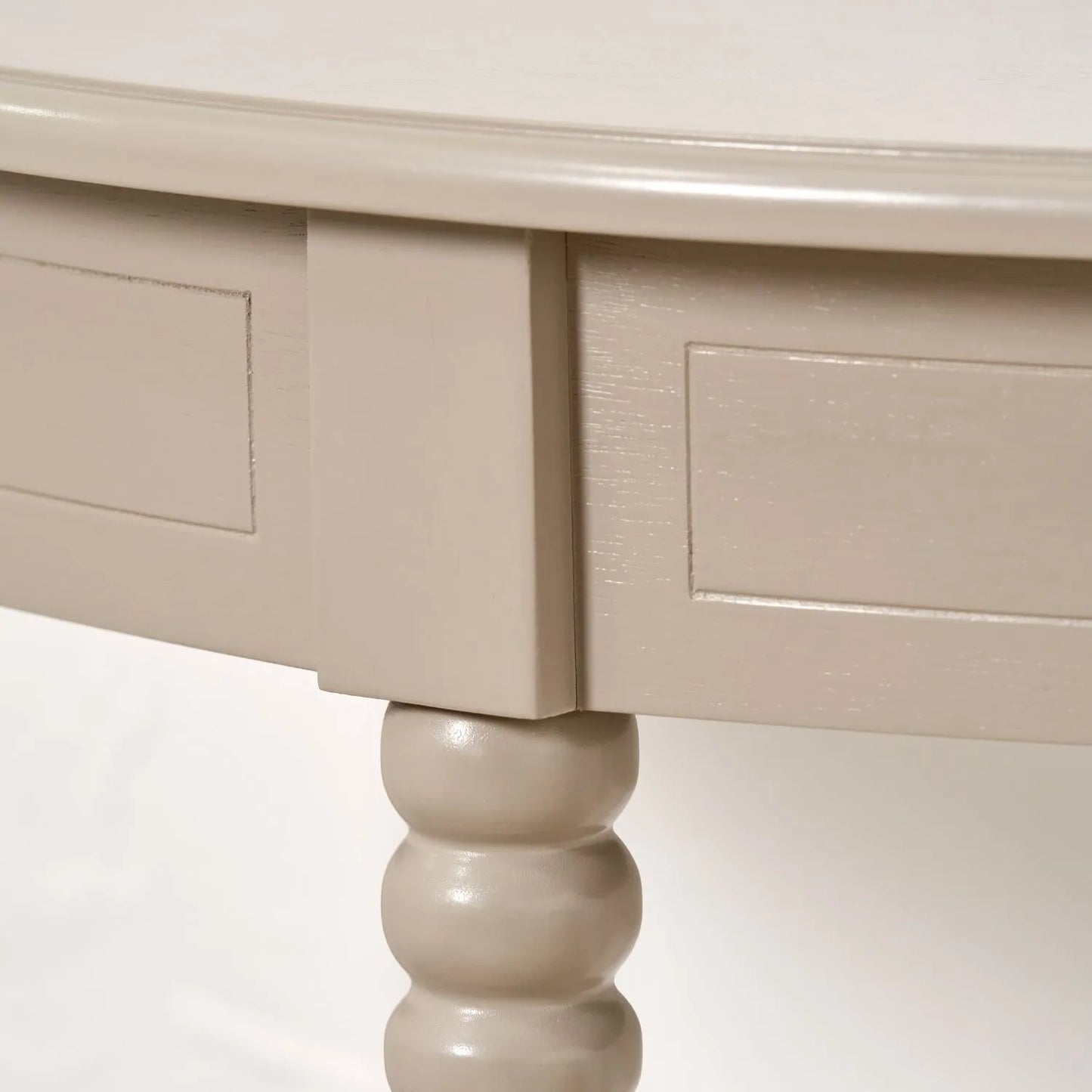 Narrow light beige wooden half moon console table with lower shelf, slim 30cm pine hallway table with turned legs 80x80x30cm | Click Style