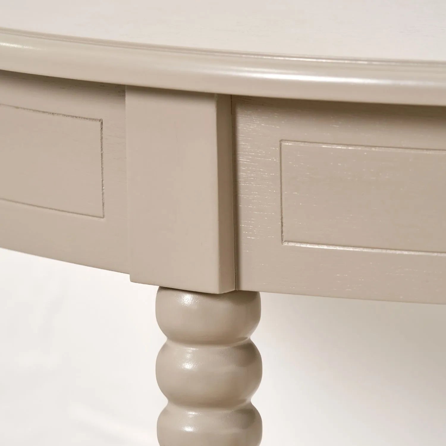 Narrow light beige wooden half moon console table with lower shelf, slim 30cm pine hallway table with turned legs 80x80x30cm | Click Style